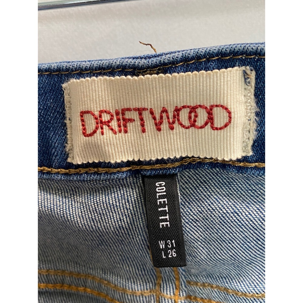 Driftwood Colette Embroidered Hem Straight Leg Jeans Blue 31 x 26 Boho Raw Edge - Picture 3 of 6